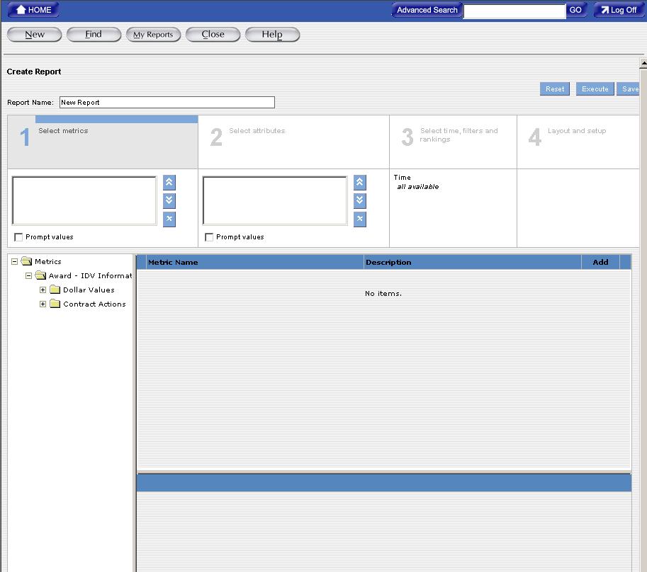 The create report screen is used to select and enter analytical